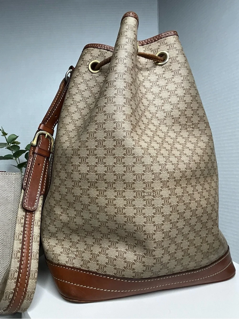 Brown Drawstring Bucket Bag with Leather Trim